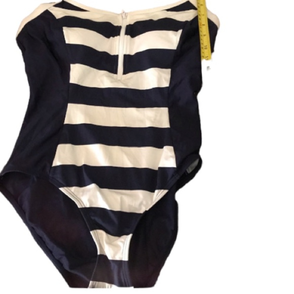 Nautica size 12 navy & white stripe one piece front zip , high cut leg